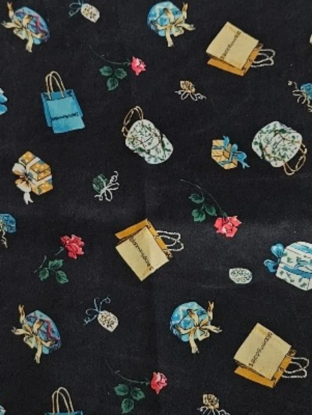 Bloomingdale's Silk Black Printed Silk Scarf with Floral and Bag Motif